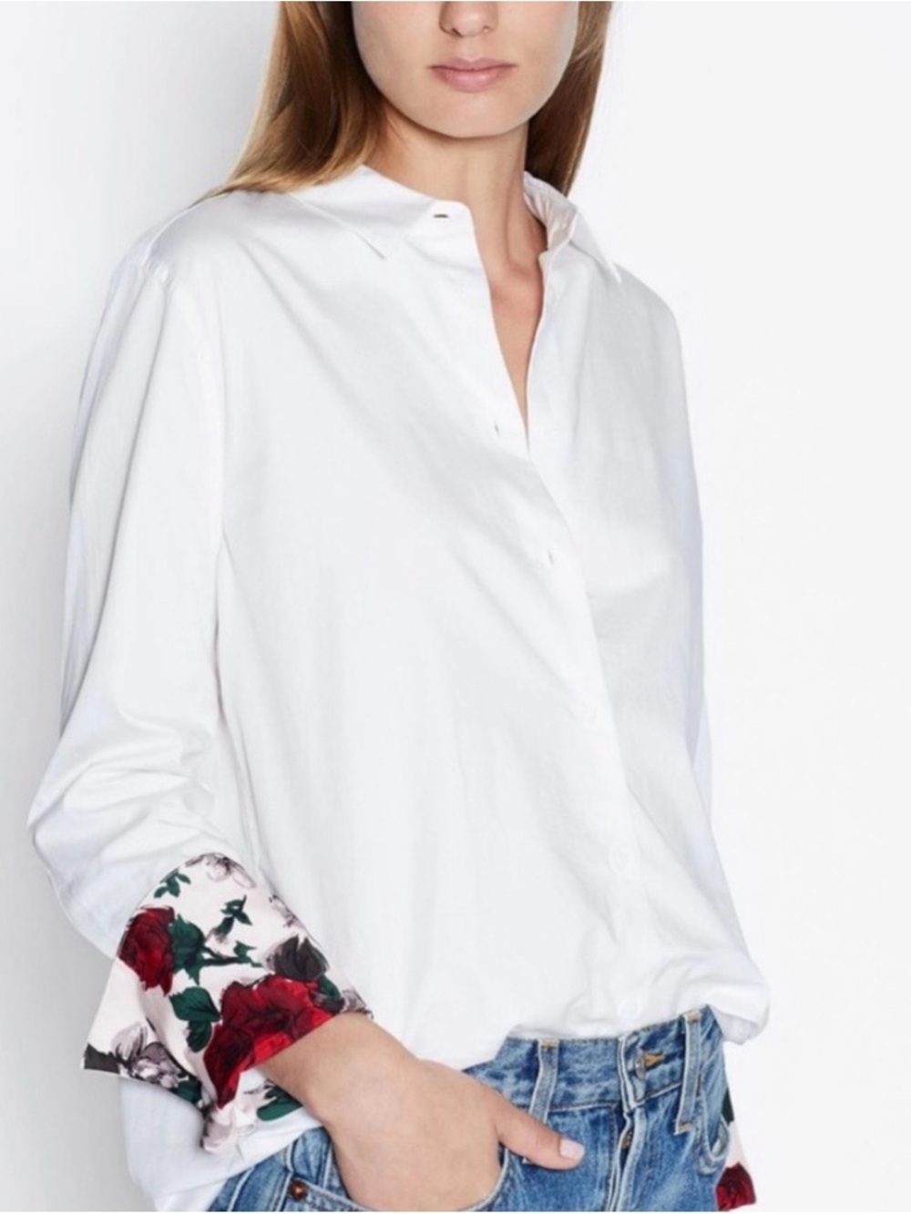 NWT Equipment Arlette Long-line Button-Up Shirt with Floral Cuff Detail